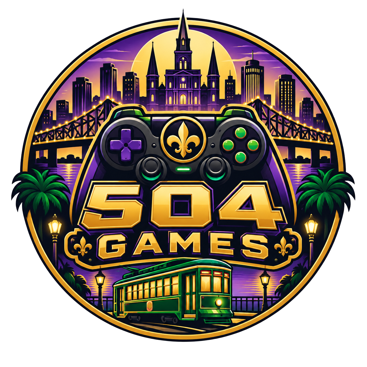 504 Games seal featuring a controller, New Orleans skyline, fleur-de-lis and streetcar
